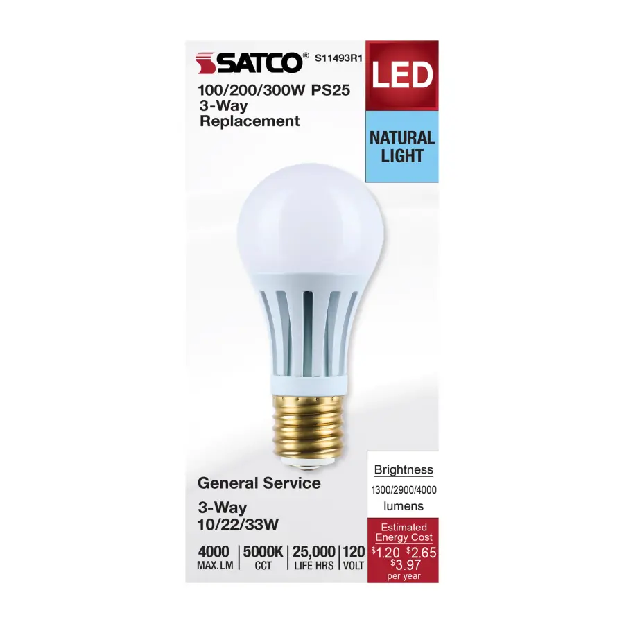 10/22/33 Wattage Selectable PS25 LED Three-Way Lamp - E39d Mogul Base - 5000K - White Finish - 120 Volt - Image 2