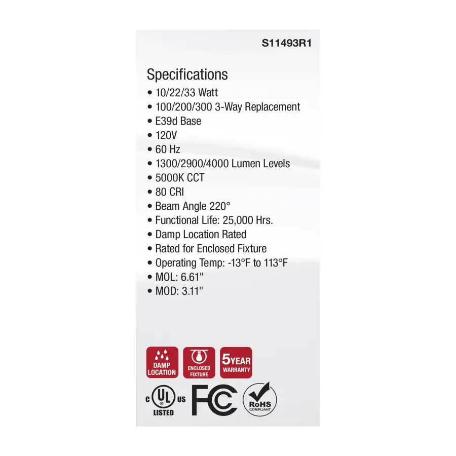10/22/33 Wattage Selectable PS25 LED Three-Way Lamp - E39d Mogul Base - 5000K - White Finish - 120 Volt - Image 4
