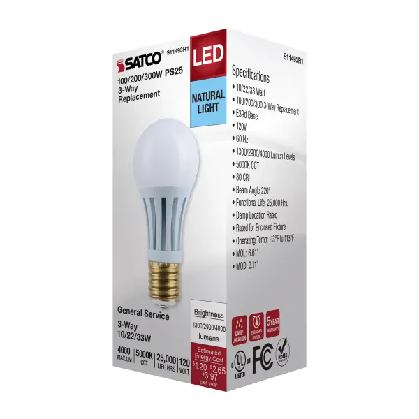10/22/33 Wattage Selectable PS25 LED Three-Way Lamp - E39d Mogul Base - 5000K - White Finish - 120 Volt - Image 6