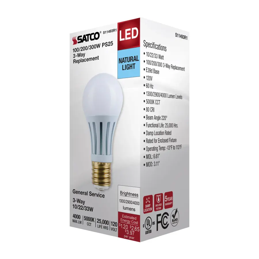 10/22/33 Wattage Selectable PS25 LED Three-Way Lamp - E39d Mogul Base - 5000K - White Finish - 120 Volt - Image 6