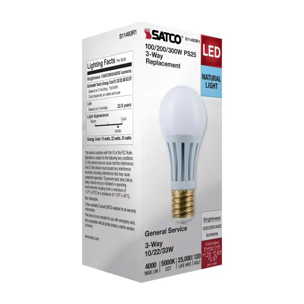 10/22/33 Wattage Selectable PS25 LED Three-Way Lamp - E39d Mogul Base - 5000K - White Finish - 120 Volt - Image 7