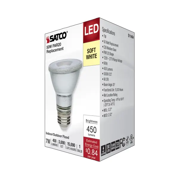 7 Watt Econo LED PAR20 - 3000K - 35 Degree Beam Angle - Medium Base - 120-277 Volt - Silver Finish - Image 7