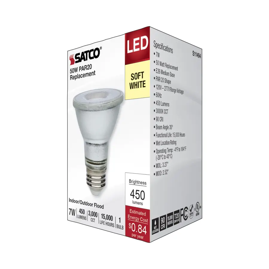7 Watt Econo LED PAR20 - 3000K - 35 Degree Beam Angle - Medium Base - 120-277 Volt - Silver Finish - Image 7