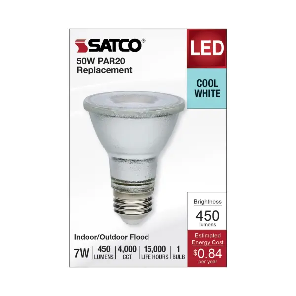 7 Watt Econo LED PAR20 - 4000K - 35 Degree Beam Angle - Medium Base - 120-277 Volt - Silver Finish - Image 3