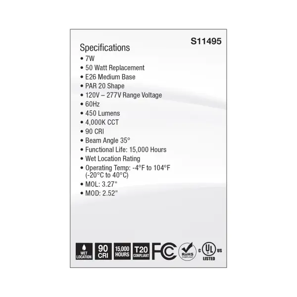 7 Watt Econo LED PAR20 - 4000K - 35 Degree Beam Angle - Medium Base - 120-277 Volt - Silver Finish - Image 6