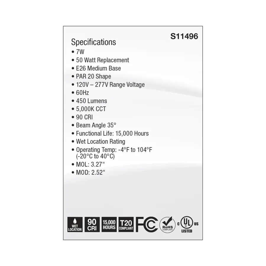 7 Watt Econo LED PAR20 - 5000K - 35 Degree Beam Angle - Medium Base - 120-277 Volt - Silver Finish - Image 5