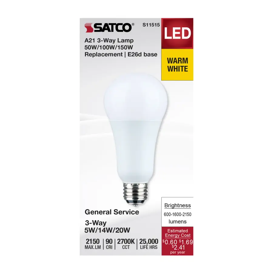 5/14/20 Watt A21 LED - 3-Way Lamp - White Finish - 2700K CCT - Medium Double Contact Base - 120 Volt - Image 3
