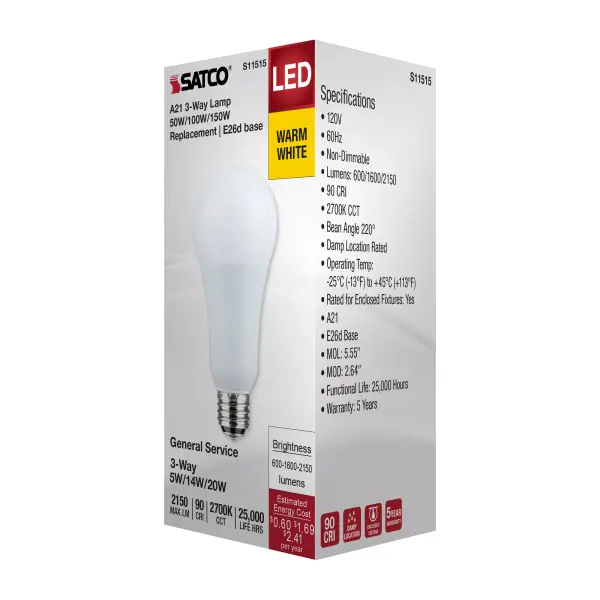 5/14/20 Watt A21 LED - 3-Way Lamp - White Finish - 2700K CCT - Medium Double Contact Base - 120 Volt - Image 7