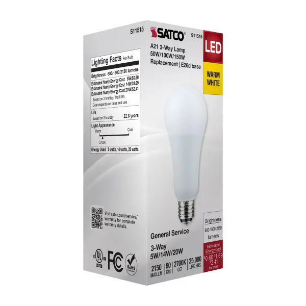 5/14/20 Watt A21 LED - 3-Way Lamp - White Finish - 2700K CCT - Medium Double Contact Base - 120 Volt - Image 8