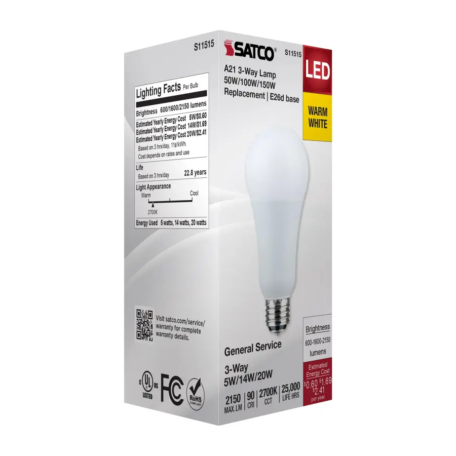5/14/20 Watt A21 LED - 3-Way Lamp - White Finish - 2700K CCT - Medium Double Contact Base - 120 Volt - Image 8
