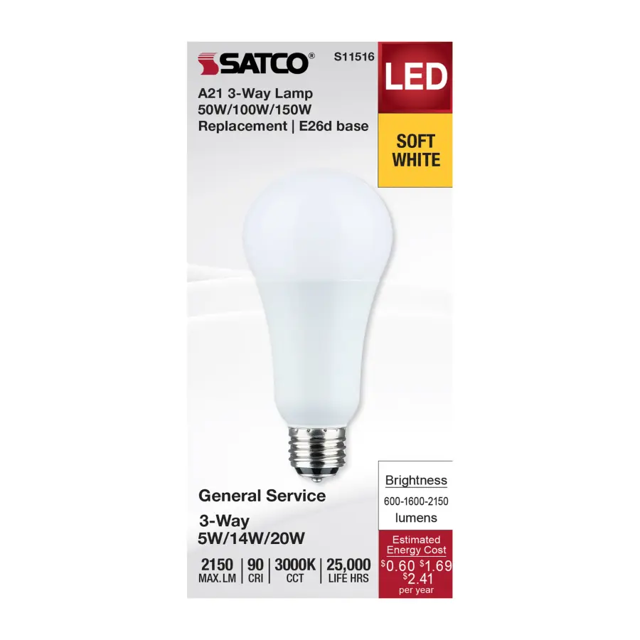 5/14/20 Watt A21 LED - 3-Way Lamp - White Finish - 3000K CCT - Medium Double Contact Base - 120 Volt - Image 3