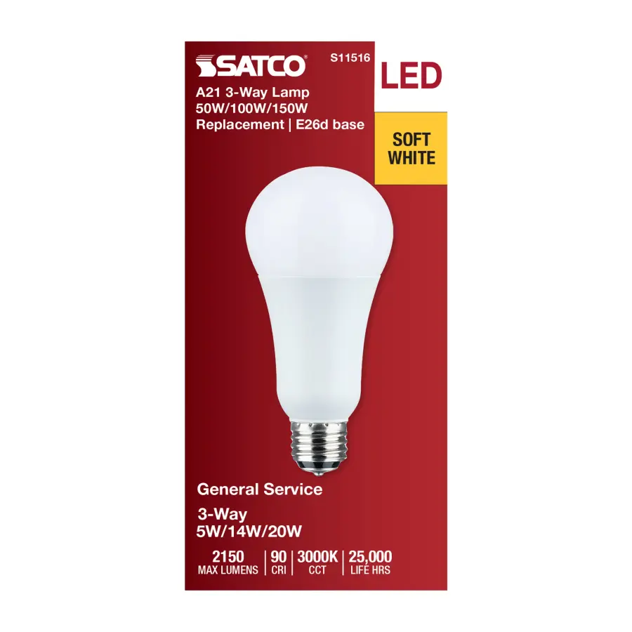 5/14/20 Watt A21 LED - 3-Way Lamp - White Finish - 3000K CCT - Medium Double Contact Base - 120 Volt - Image 4
