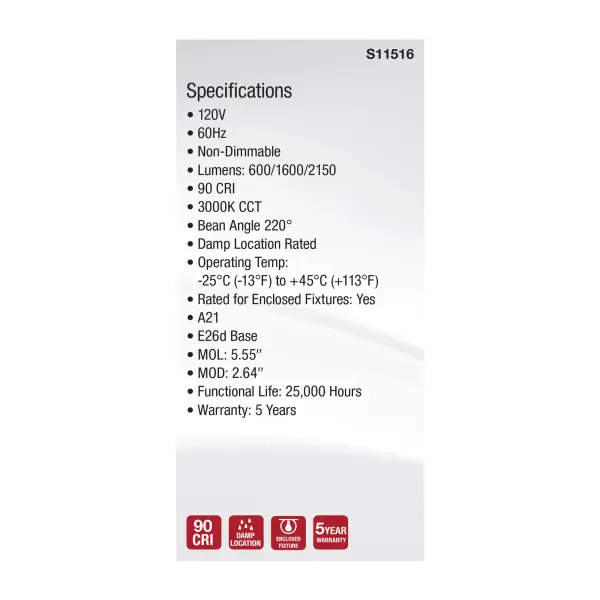 5/14/20 Watt A21 LED - 3-Way Lamp - White Finish - 3000K CCT - Medium Double Contact Base - 120 Volt - Image 5