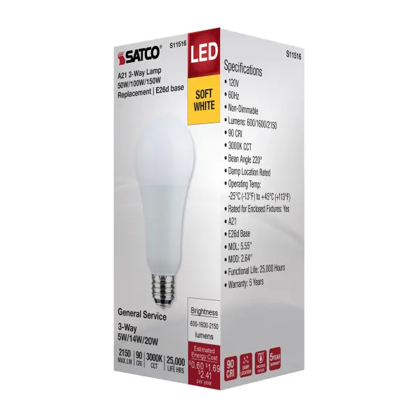 5/14/20 Watt A21 LED - 3-Way Lamp - White Finish - 3000K CCT - Medium Double Contact Base - 120 Volt - Image 7