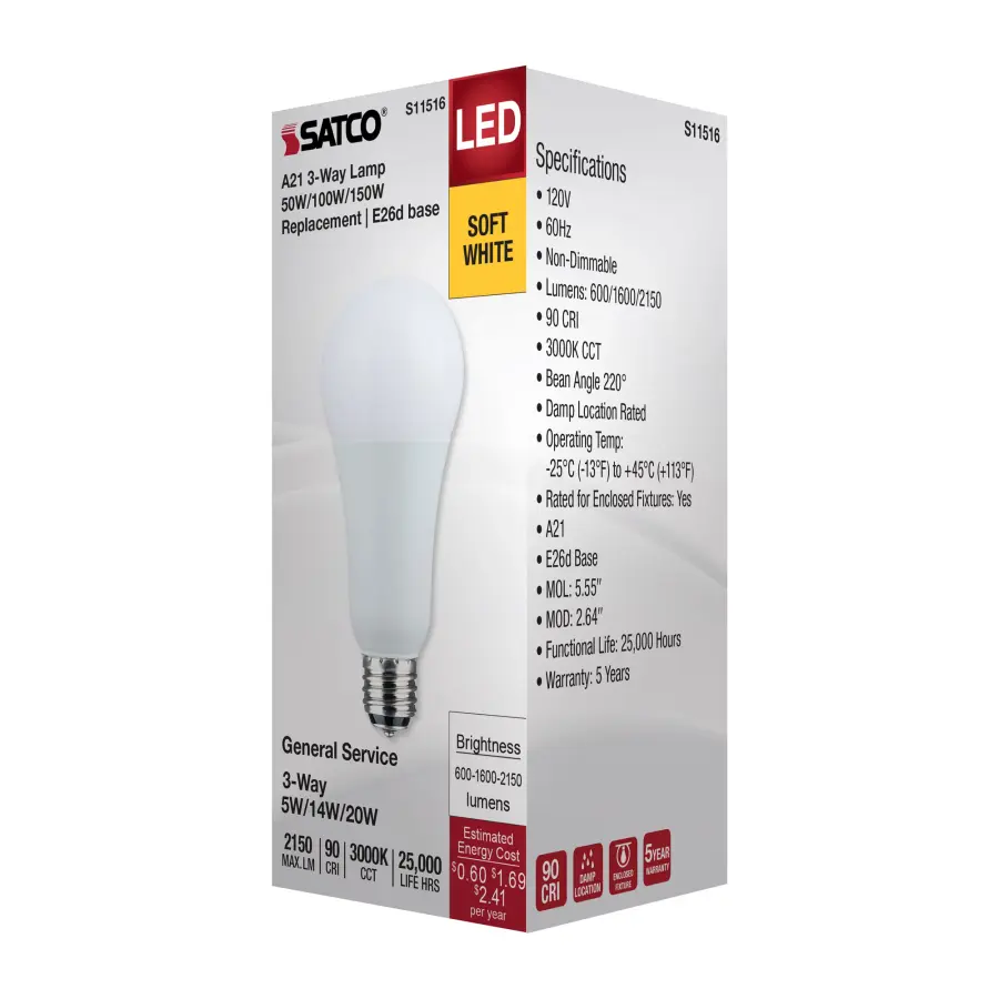 5/14/20 Watt A21 LED - 3-Way Lamp - White Finish - 3000K CCT - Medium Double Contact Base - 120 Volt - Image 7
