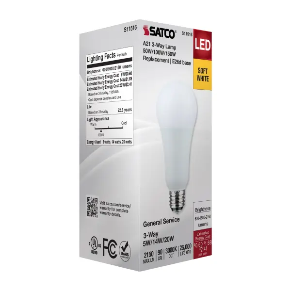 5/14/20 Watt A21 LED - 3-Way Lamp - White Finish - 3000K CCT - Medium Double Contact Base - 120 Volt - Image 8