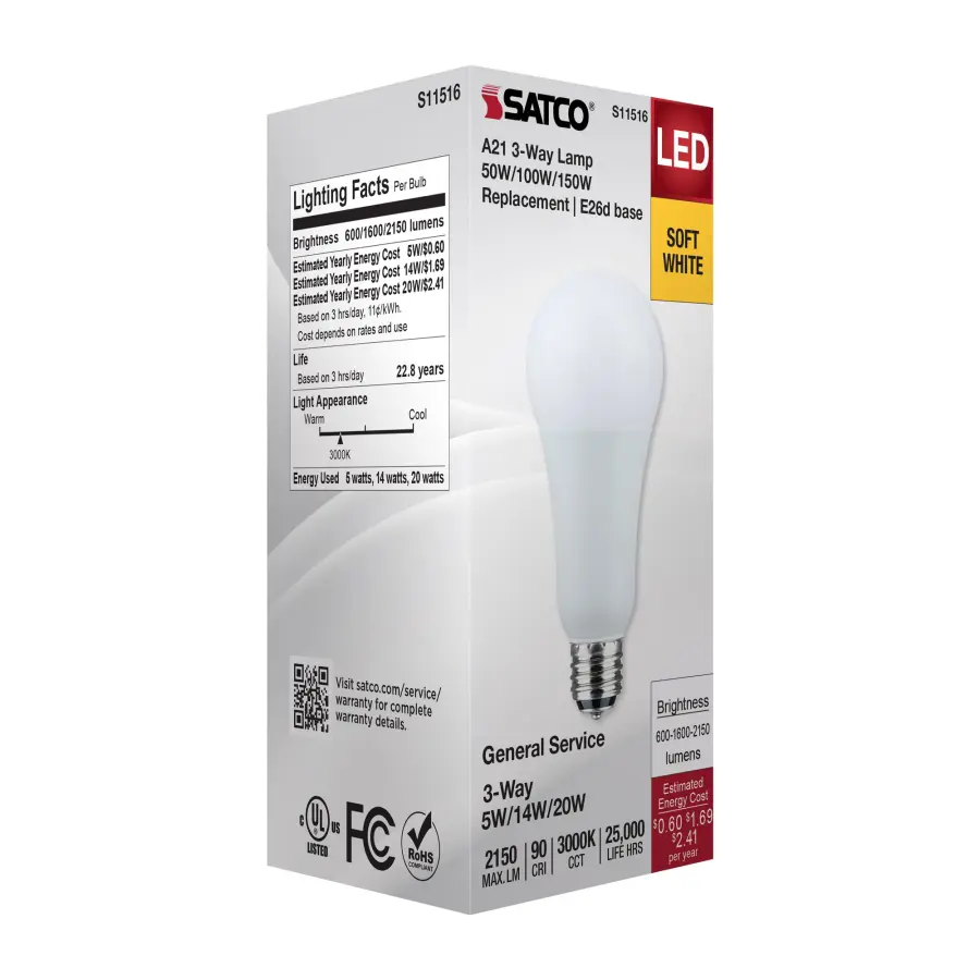 5/14/20 Watt A21 LED - 3-Way Lamp - White Finish - 3000K CCT - Medium Double Contact Base - 120 Volt - Image 8