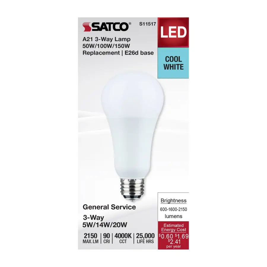 5/14/20 Watt A21 LED - 3-Way Lamp - White Finish - 4000K CCT - Medium Double Contact Base - 120 Volt - Image 3