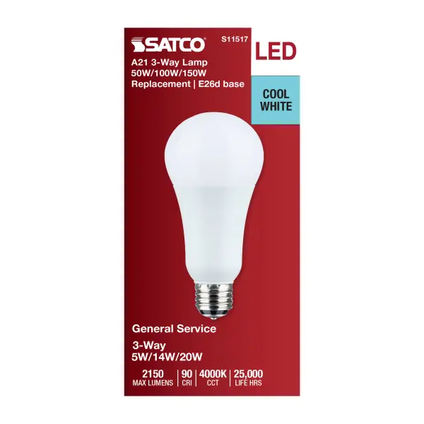 5/14/20 Watt A21 LED - 3-Way Lamp - White Finish - 4000K CCT - Medium Double Contact Base - 120 Volt - Image 4