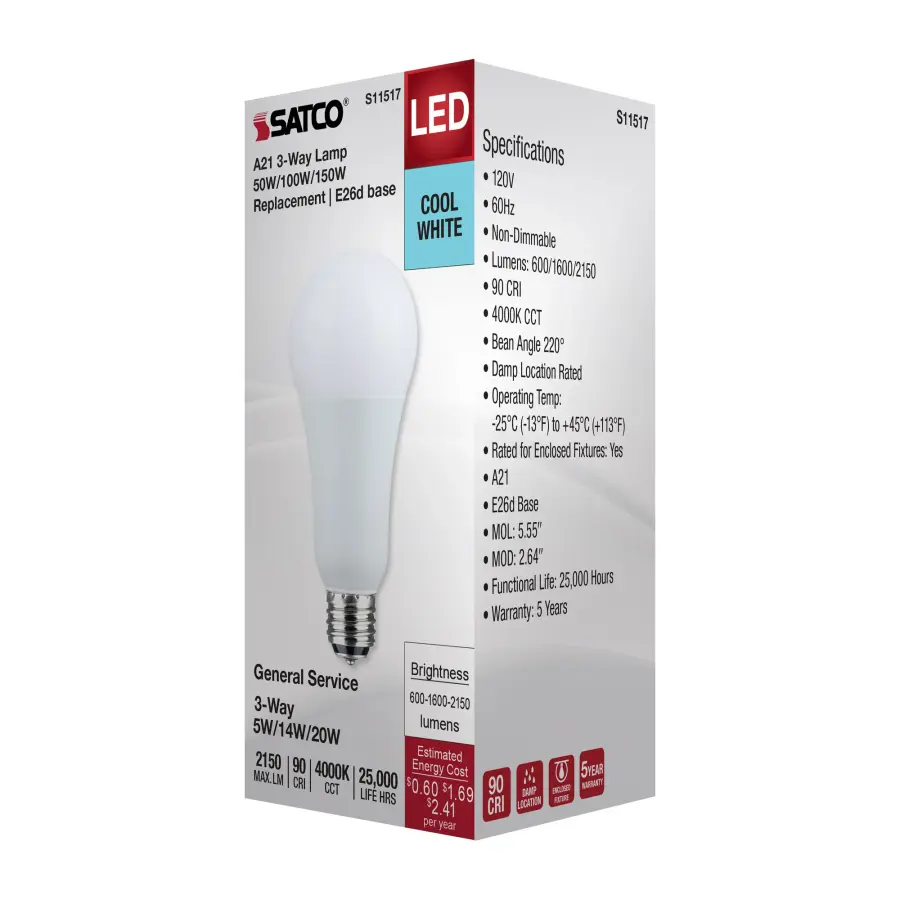 5/14/20 Watt A21 LED - 3-Way Lamp - White Finish - 4000K CCT - Medium Double Contact Base - 120 Volt - Image 7