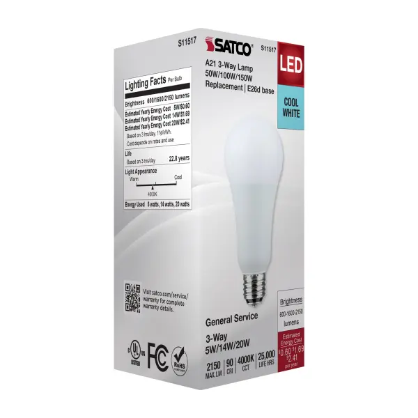 5/14/20 Watt A21 LED - 3-Way Lamp - White Finish - 4000K CCT - Medium Double Contact Base - 120 Volt - Image 8