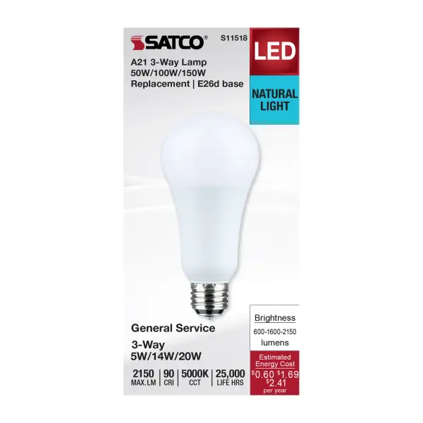 5/14/20 Watt A21 LED - 3-Way Lamp - White Finish - 5000K CCT - Medium Double Contact Base - 120 Volt - Image 3