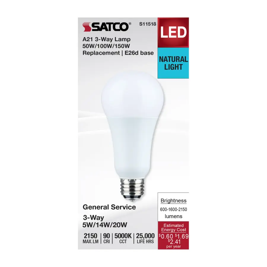 5/14/20 Watt A21 LED - 3-Way Lamp - White Finish - 5000K CCT - Medium Double Contact Base - 120 Volt - Image 3