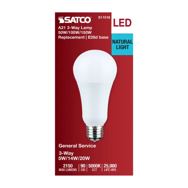 5/14/20 Watt A21 LED - 3-Way Lamp - White Finish - 5000K CCT - Medium Double Contact Base - 120 Volt - Image 4