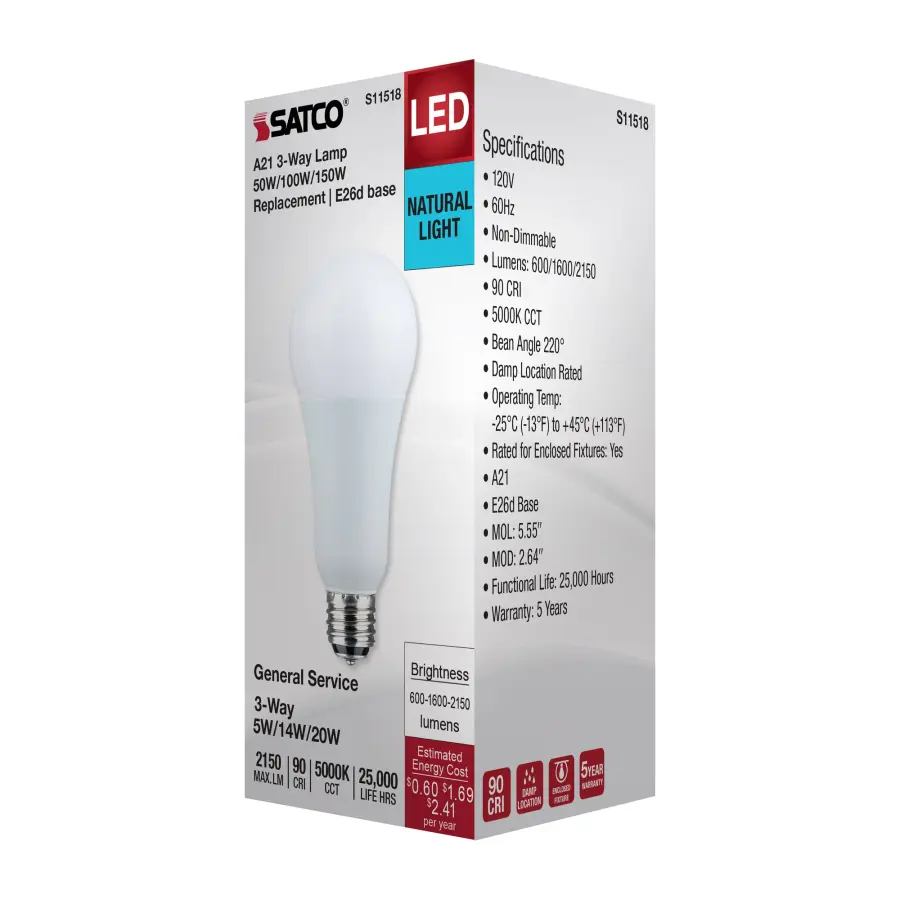 5/14/20 Watt A21 LED - 3-Way Lamp - White Finish - 5000K CCT - Medium Double Contact Base - 120 Volt - Image 7