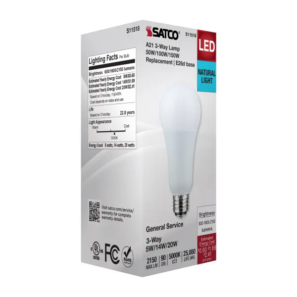 5/14/20 Watt A21 LED - 3-Way Lamp - White Finish - 5000K CCT - Medium Double Contact Base - 120 Volt - Image 8