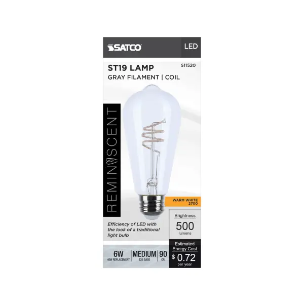 6 Watt LED - Reminiscent - Flex Gray Coil Filament - ST19 - Medium Base - 2700K CCT - Clear - 120 Volt - Image 13