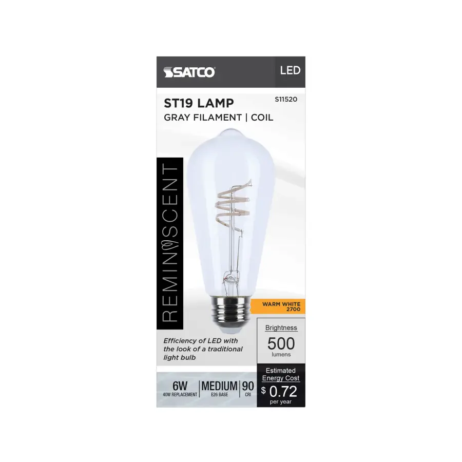 6 Watt LED - Reminiscent - Flex Gray Coil Filament - ST19 - Medium Base - 2700K CCT - Clear - 120 Volt - Image 13