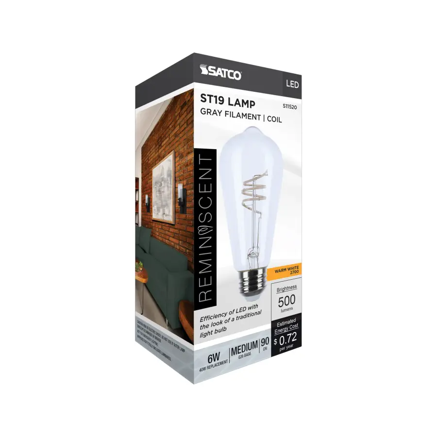 6 Watt LED - Reminiscent - Flex Gray Coil Filament - ST19 - Medium Base - 2700K CCT - Clear - 120 Volt - Image 8