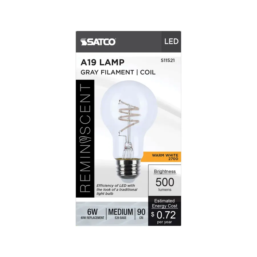 6 Watt LED - Reminiscent - Flex Gray Coil Filament - A19 - Medium Base - 2700K CCT - Clear - 120 Volt - Image 4