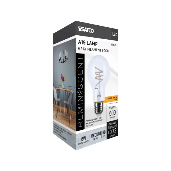 6 Watt LED - Reminiscent - Flex Gray Coil Filament - A19 - Medium Base - 2700K CCT - Clear - 120 Volt - Image 8