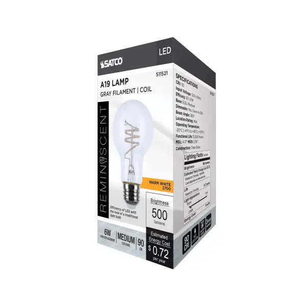6 Watt LED - Reminiscent - Flex Gray Coil Filament - A19 - Medium Base - 2700K CCT - Clear - 120 Volt - Image 9