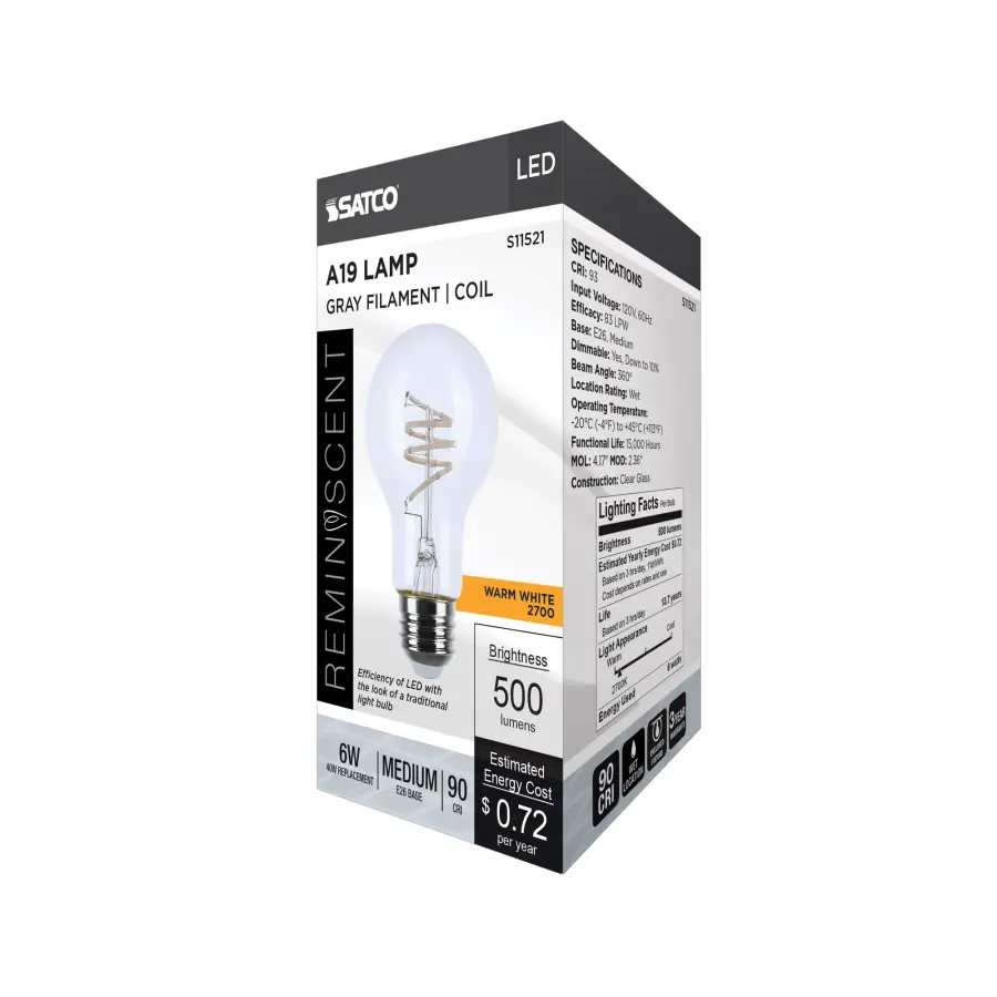 6 Watt LED - Reminiscent - Flex Gray Coil Filament - A19 - Medium Base - 2700K CCT - Clear - 120 Volt - Image 9