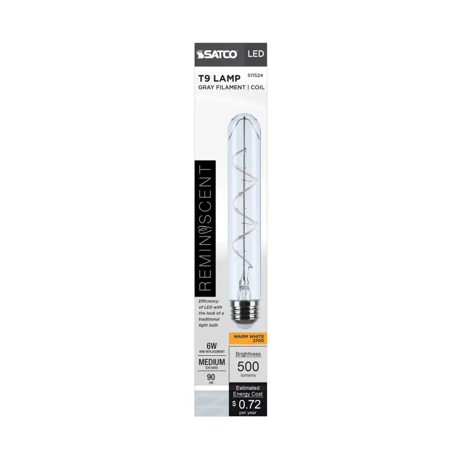 6 Watt LED - Reminiscent - Flex Gray Coil Filament - T9 - Medium Base - 2700K CCT - Clear - 120 Volt - Image 4