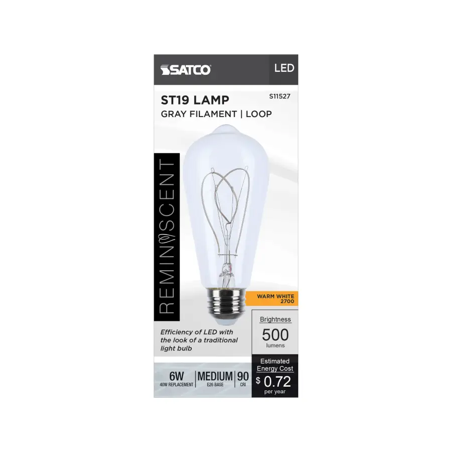 6 Watt LED - Reminiscent - Flex Gray Filament - ST19 Loop - Medium Base - 2700K CCT - Clear - 120 Volt - Image 4