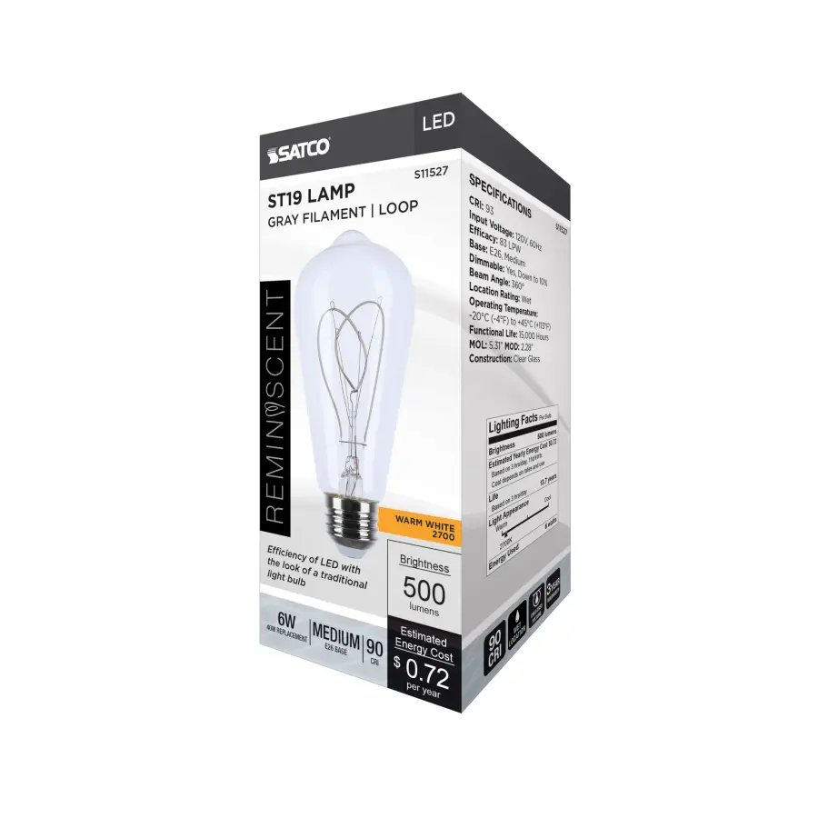 6 Watt LED - Reminiscent - Flex Gray Filament - ST19 Loop - Medium Base - 2700K CCT - Clear - 120 Volt - Image 9