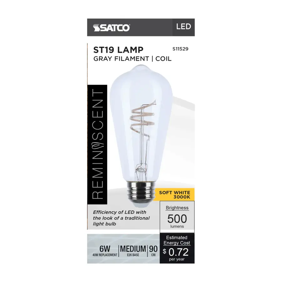 6 Watt ST19 LED - Reminiscent - Flex Gray Coil Filament - E26 - 3000K - 120 Volt - Image 6