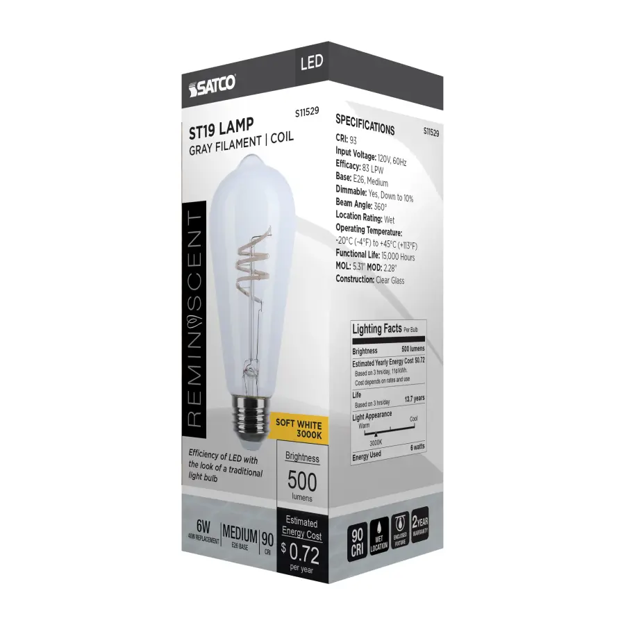 6 Watt ST19 LED - Reminiscent - Flex Gray Coil Filament - E26 - 3000K - 120 Volt - Image 10