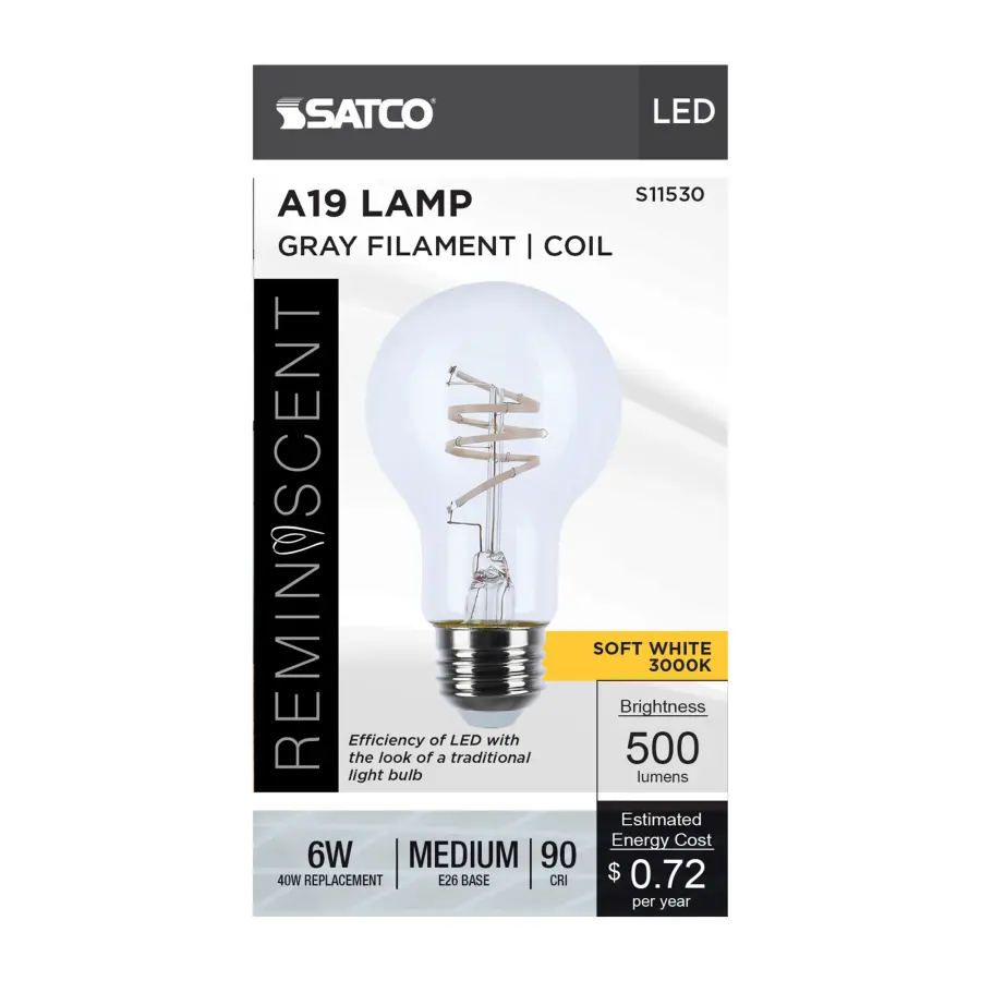 6 Watt A19 LED - Reminiscent - Flex Gray Coil Filament - E26 - 3000K - 120 Volt - Image 5