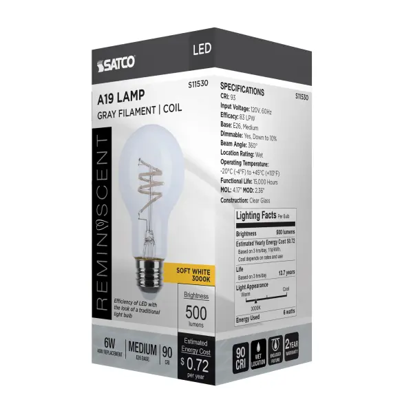 6 Watt A19 LED - Reminiscent - Flex Gray Coil Filament - E26 - 3000K - 120 Volt - Image 9