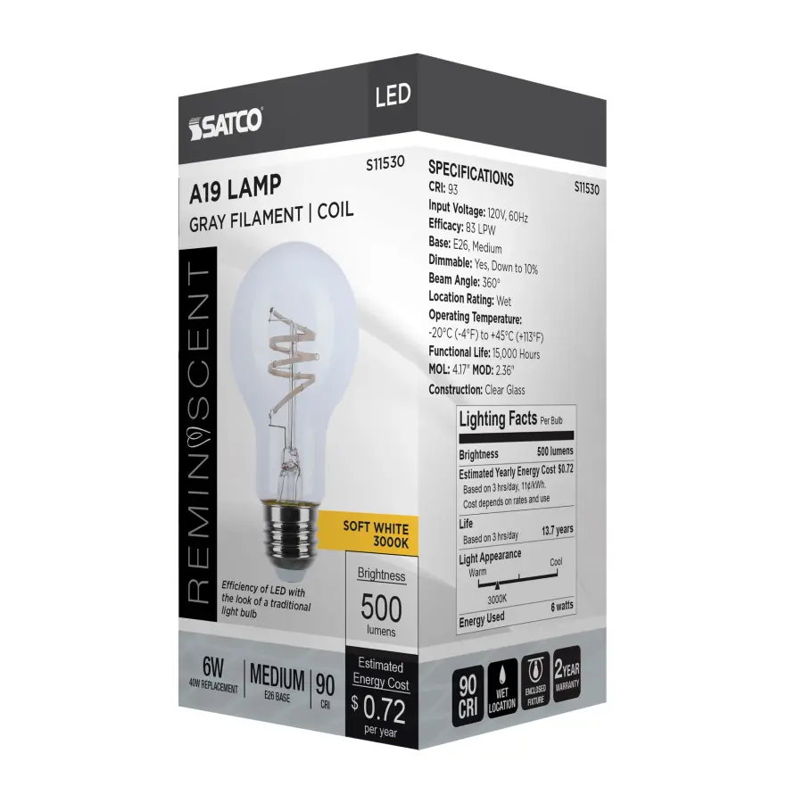 6 Watt A19 LED - Reminiscent - Flex Gray Coil Filament - E26 - 3000K - 120 Volt - Image 9