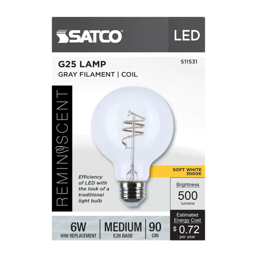 6 Watt G25 LED - Reminiscent - Flex Gray Coil Filament - E26 - 3000K - 120 Volt - Image 5