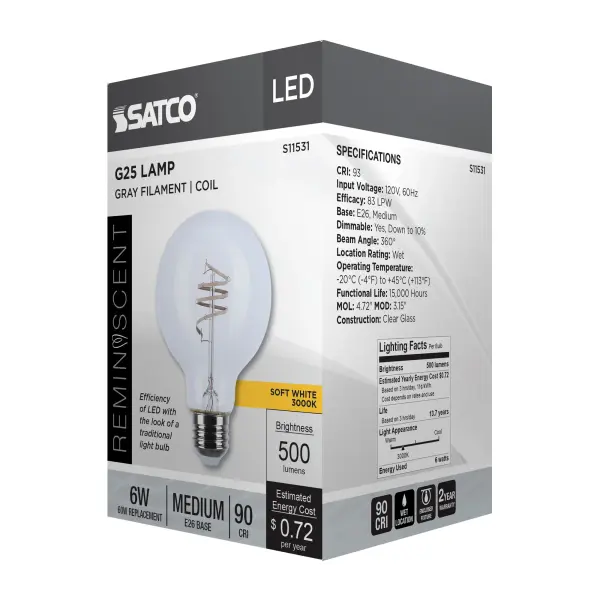 6 Watt G25 LED - Reminiscent - Flex Gray Coil Filament - E26 - 3000K - 120 Volt - Image 9
