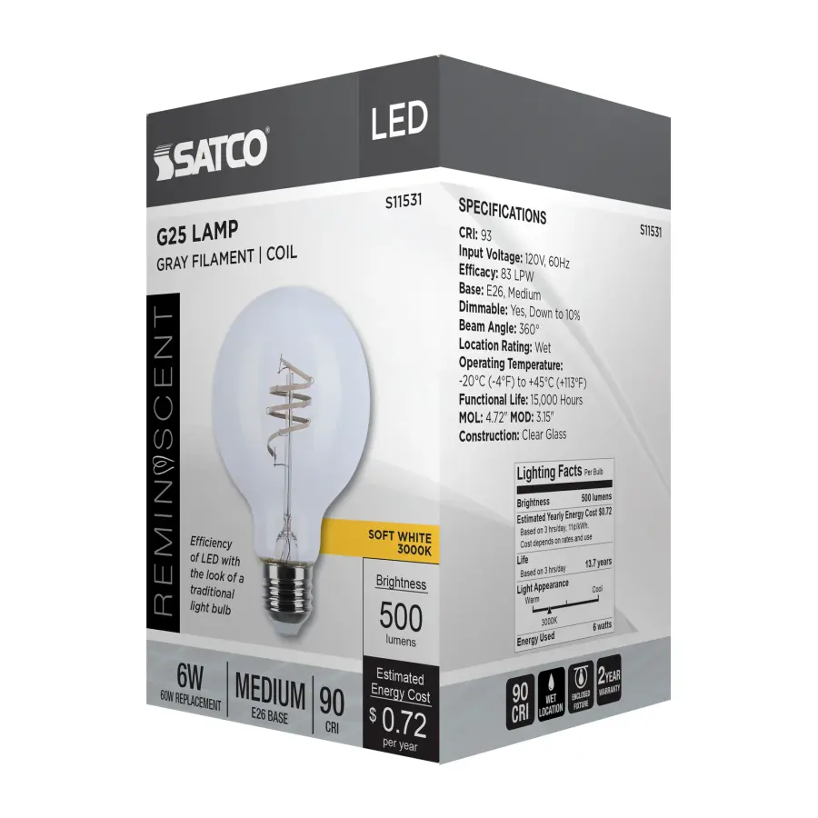 6 Watt G25 LED - Reminiscent - Flex Gray Coil Filament - E26 - 3000K - 120 Volt - Image 9