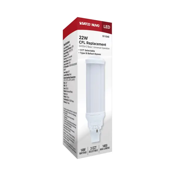 14 Watt LED PL - 27K/4K/5K CCT Selectable - GX32d-2 Base - 22W CFL Replacement - Type B Ballast Bypass - 120-277 Range Voltage - Image 9