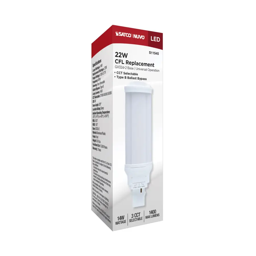 14 Watt LED PL - 27K/4K/5K CCT Selectable - GX32d-2 Base - 22W CFL Replacement - Type B Ballast Bypass - 120-277 Range Voltage - Image 9